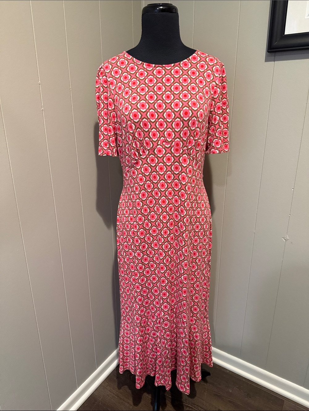 Boden Women’s 10 Petite Coral-Pink Geometric Short-Sleeve Maxi Dress